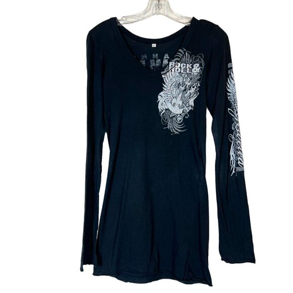 Vintage Black Mini Dress Tunic Top Rock Swarovski Rhinestone Retro Winged Guitar - Picture 4 of 12